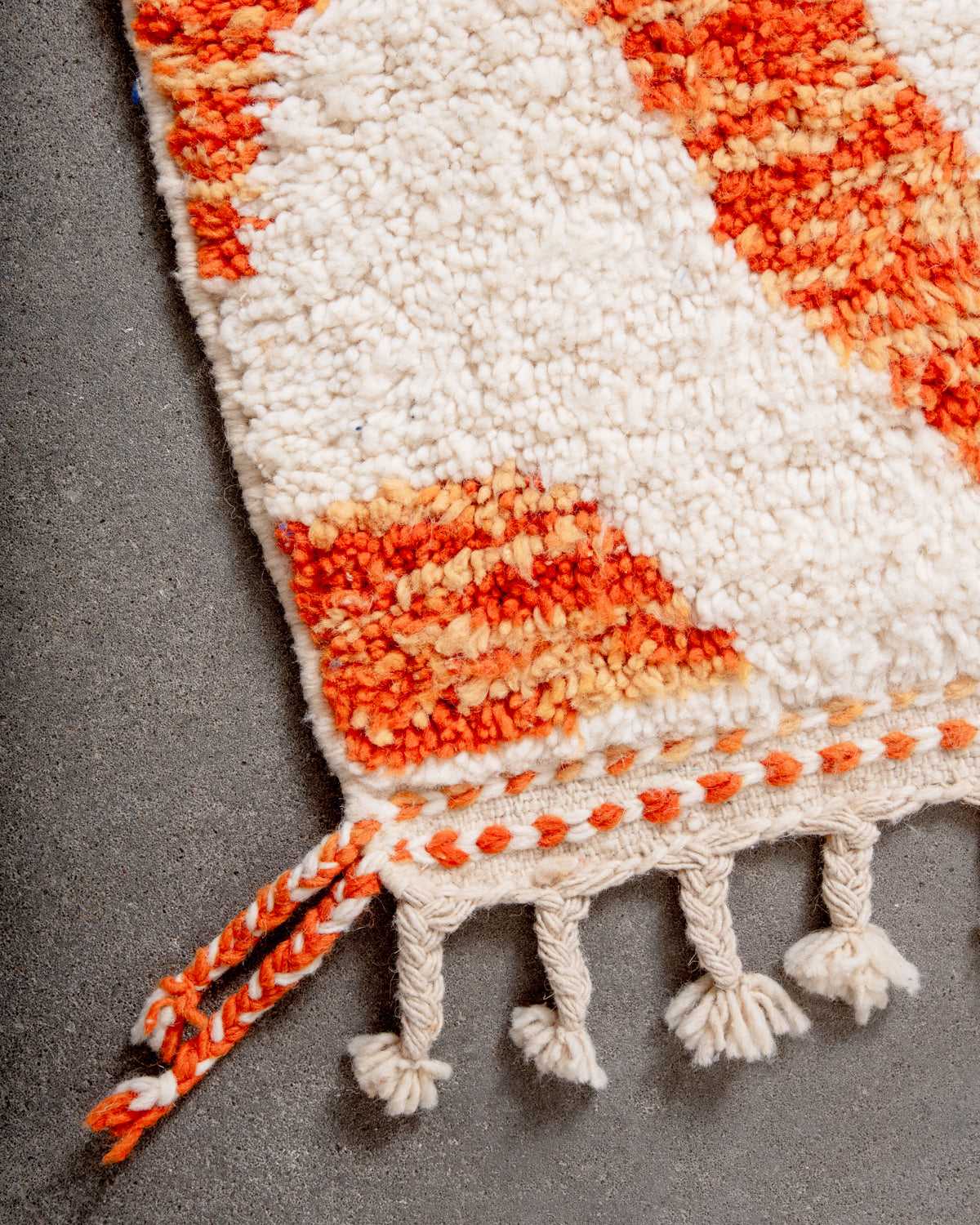 Modern, designer, handcrafted Berber rug from Morocco. Beniourain carpet with beautiful colours and patterns and fluffy wool texture.